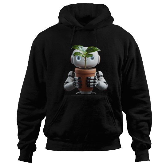Robot Cradling Green Plant In Terracotta Pot Hoodies