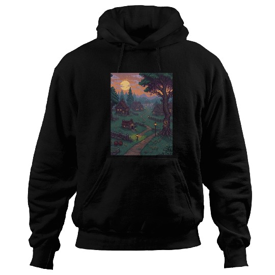 Haunted 16 Bit Village at Dusk Creepy pixelate Hoodies