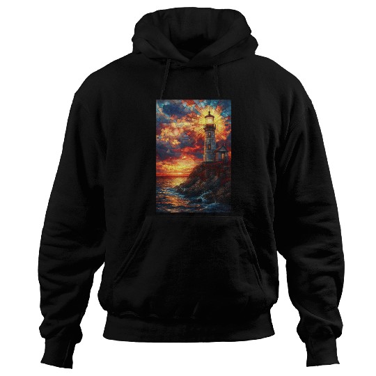 Stained Glass Lighthouse Sunset Hoodies