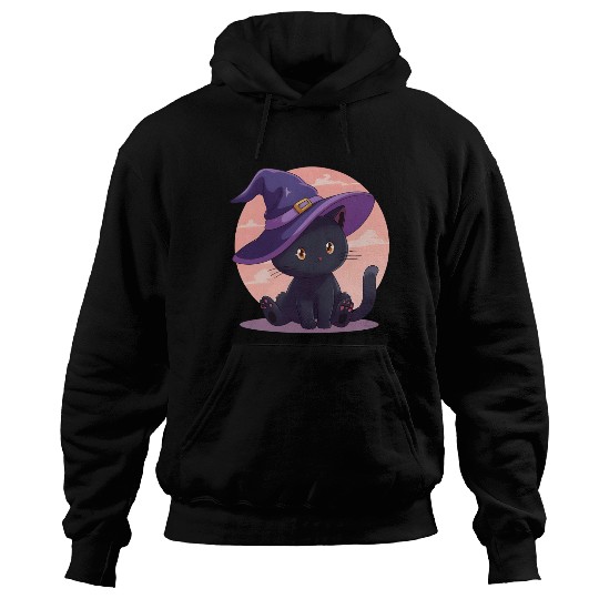 Whimsical Halloween Cat with Witch Hat Hoodies
