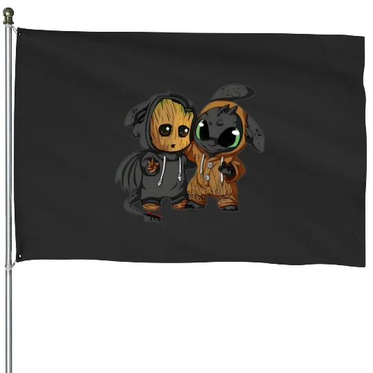 Disney Toothless and Groot Cute Friends Unisex House Flags, Disneyland Family Vacation, I'm Groot House Flags