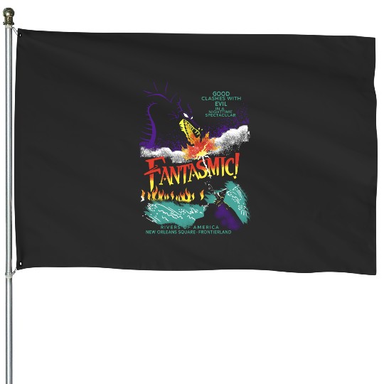 Retro Fantasmic Maleficent Dragon And Sorcerer Mickey House Flags, Fantasia Disney House Flags