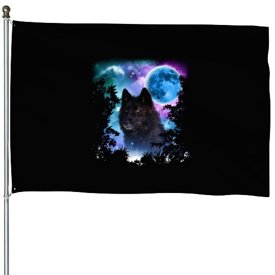 Black Wolf MidNight Forest House Flags