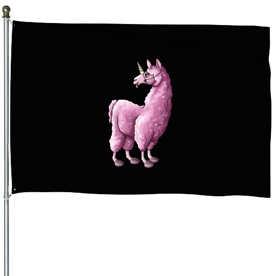 Fluffy llama unicorn pink illustration cartoon House Flags