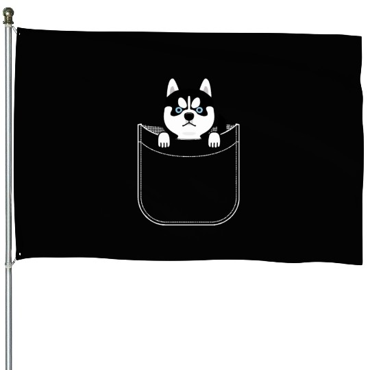 Husky In Pocket Funny Cute Puppy Expression House Flags