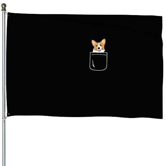 Corgi In Pocket Funny Cute Puppy Big Happy Smile House Flags