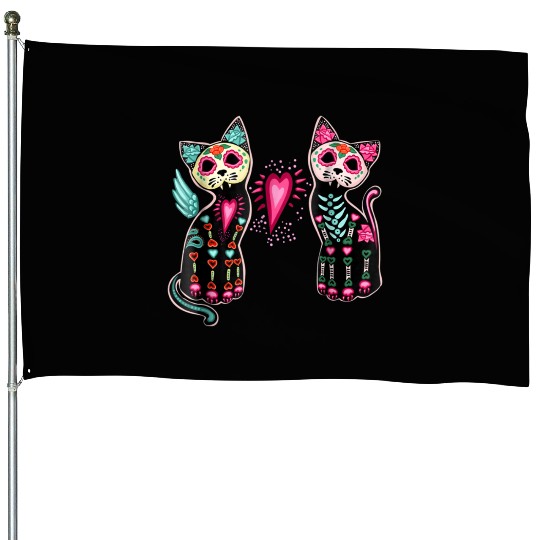 Day of Dead Sugar Cat House Flags Cats Skeleton Skull