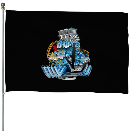 Hot Rod Race Car Dragster Engine Cartoon House Flags