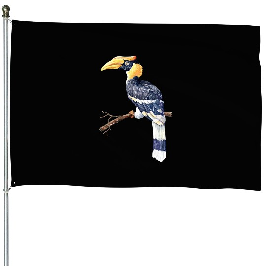 Watercolor Great Hornbill Bird on the Branches House Flags