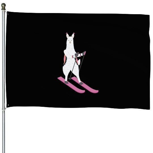 Cute Alpaca Llama Skiing Ski Snowboard Sport Gift House Flags