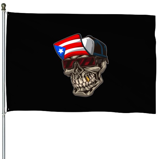 Cool Puerto Rico Skull With Cap and Boricua Flag House Flags