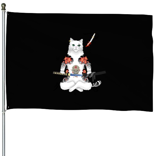 Japanese Samurai Cat Katana Ninja Yakuza Tattoo House Flags