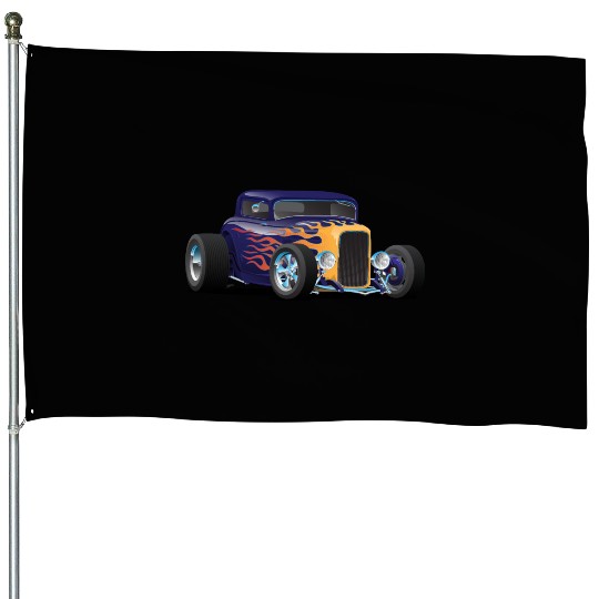 Vintage Hot Rod Car with Classic Flames House Flags
