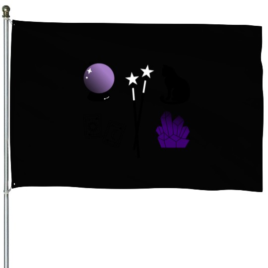 witch magic wand crystal ball tarot crystal cat House Flags