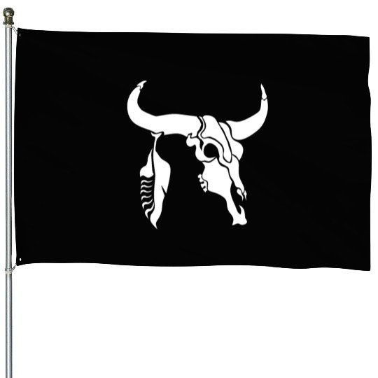 Tribal White Longhorn Bull Skull w White Feather House Flags