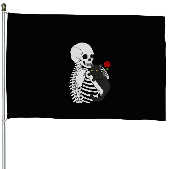 Black Demonic Cat Skeleton Hail Satan Death Metal House Flags