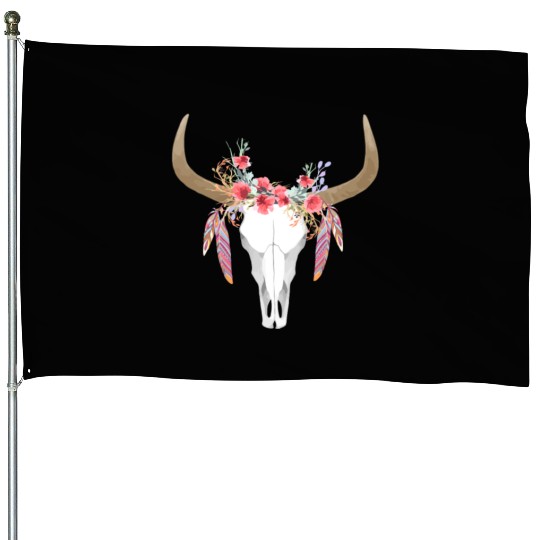 Floral Cow Skull With Feathers Bull Skull House Flags