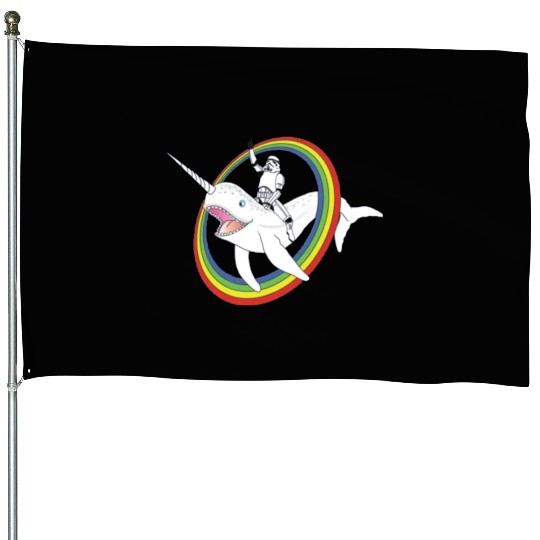 Spaceman riding narwhal through rainbow House Flags