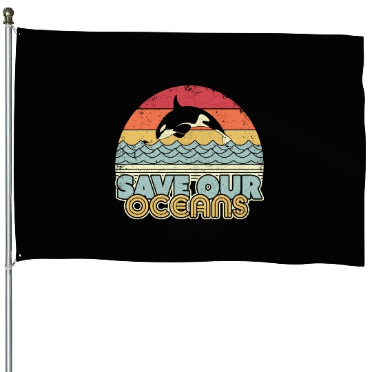 Save Our Oceans Orca Whale Retro Climate Change House Flags