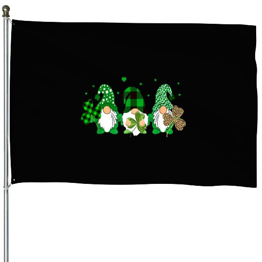 Three Gnomes Holding Shamrock Leopard Plaid House Flags