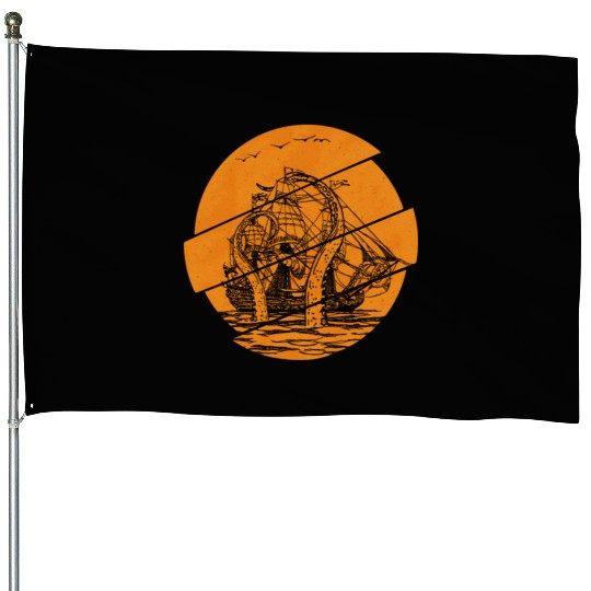 Vintage Kraken Pirate Ship Giant Octopus Ocean House Flags