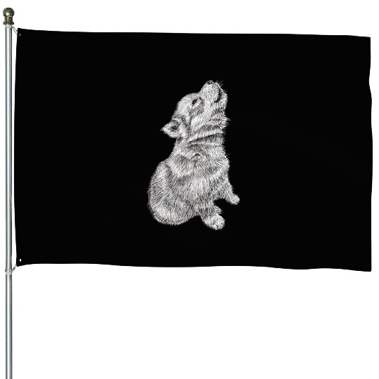Cute Baby Howling Wolf Cub Sketch House Flags