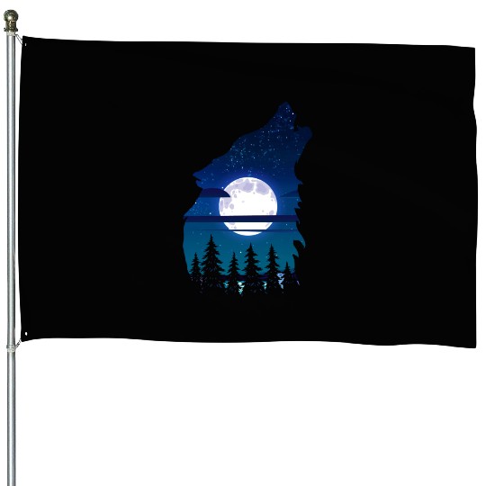Howling wolf full moon forest howling wild House Flags
