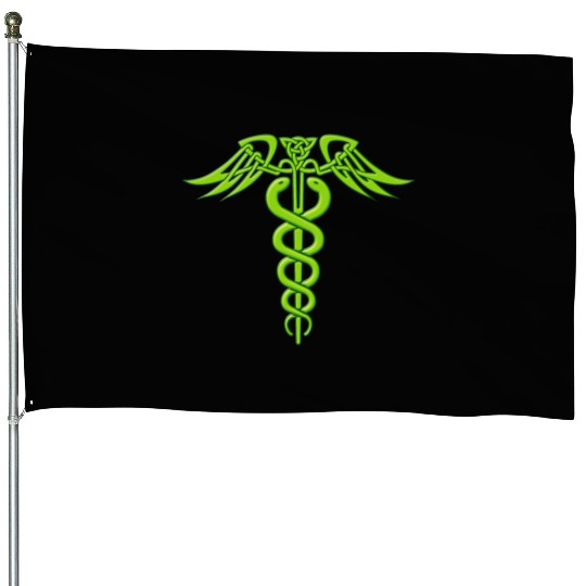 Green Celtic Knot Caduceus House Flags