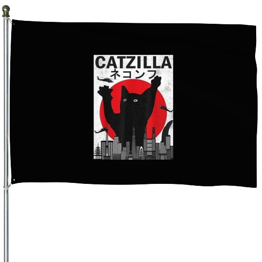 Vintage Catzilla Japanese Sunset Style House Flags