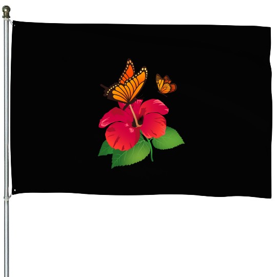 Hibiscus Flower and Monarch Butterfly Nature House Flags