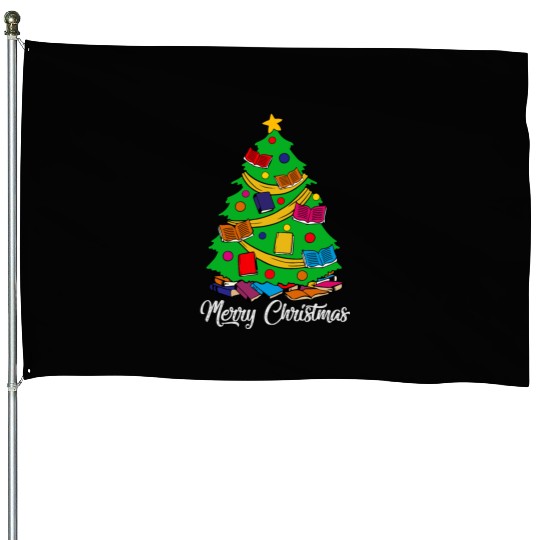 Merry Christmas Tree Love Reading Books Librarian House Flags