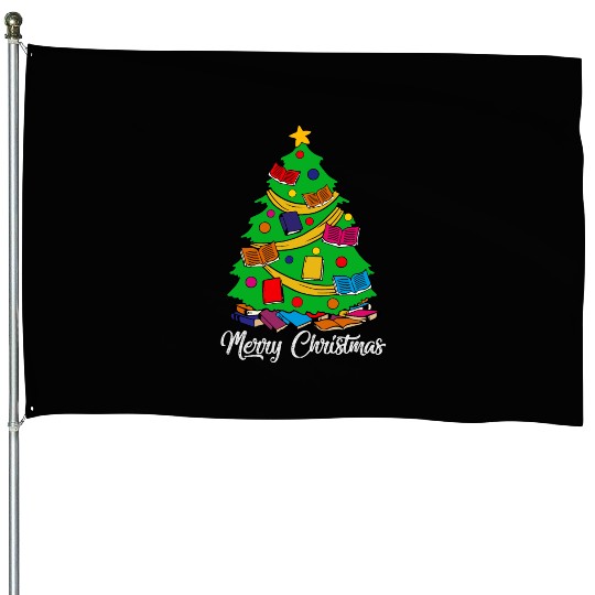 Merry Christmas Tree Love Reading Books Librarian House Flags