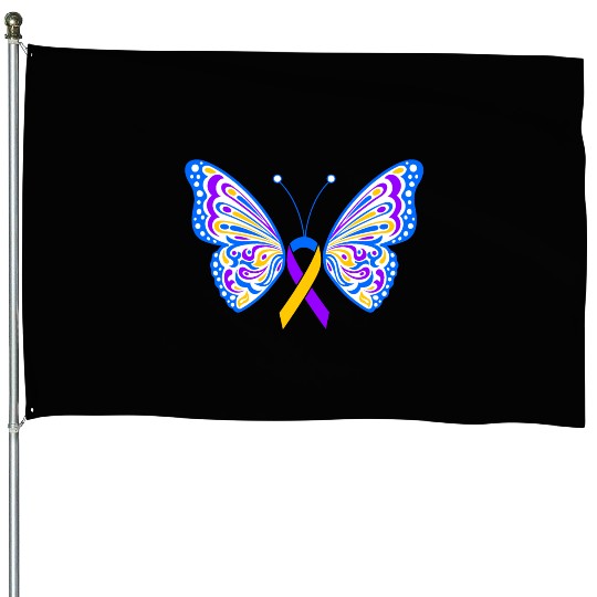 Bladder Cancer Purple Yellow Blue Ribbon Butterfly House Flags