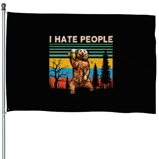 I Hate People Bear Drinking Beer Vintage House Flags