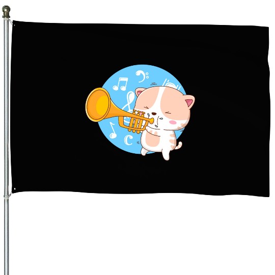 Cute cat loves to play trumpet House Flags