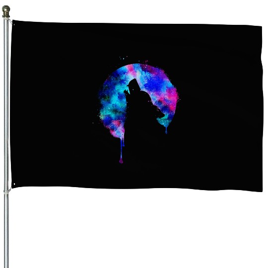 Howling wolf full moon wolves galaxy stars sky House Flags