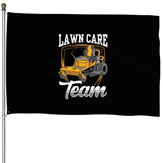 Lawn Care Team Cut Mower Mowing Grass House Flags