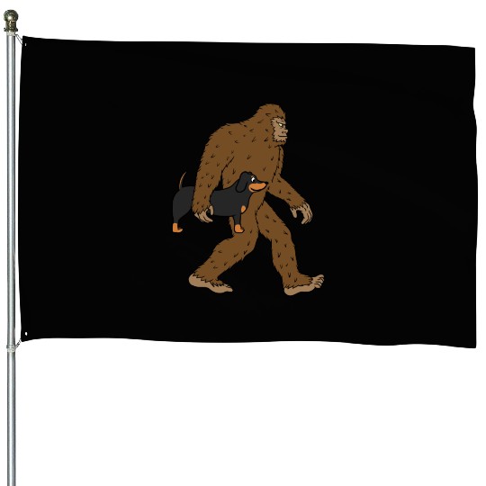 Bigfoot Sasquatch Carrying Dachshund House Flags
