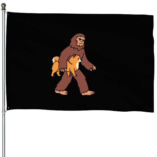 Bigfoot Sasquatch Walking Pomeranian House Flags