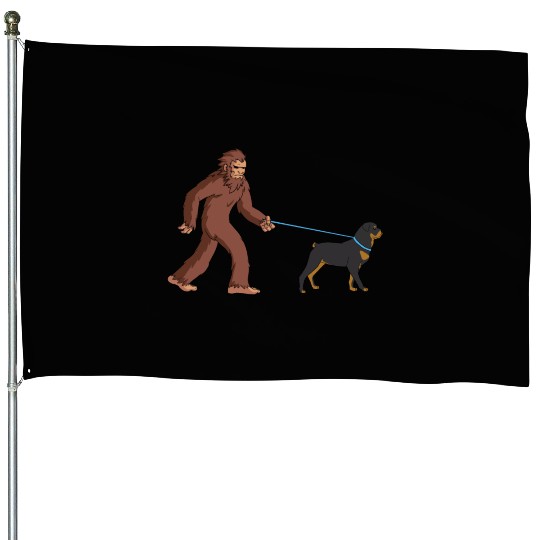 Bigfoot Sasquatch Walking Rottweiler House Flags