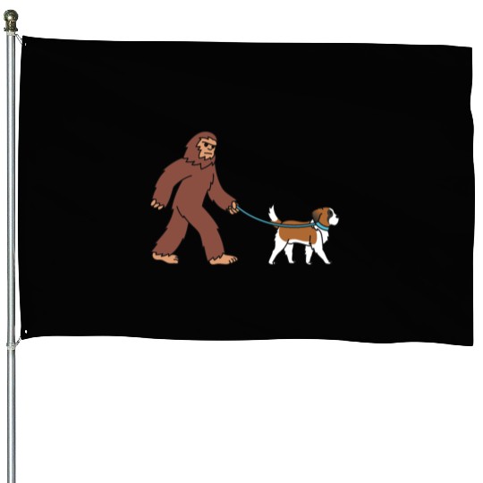 Bigfoot Sasquatch Walking Saint Bernard House Flags