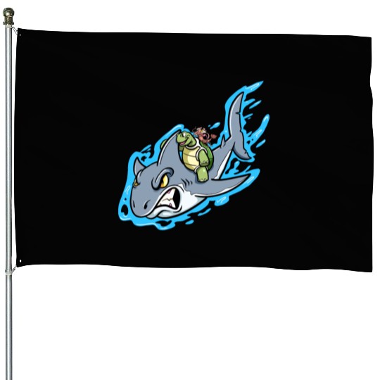 Shark Swims With Turtle And Crab House Flags