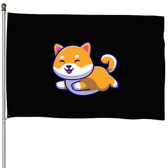 Cute Shiba Inu Dog Running House Flags