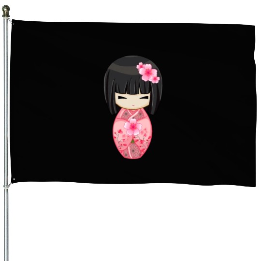 Cherry Blossom Geisha Japanese Kokeshi Doll House Flags