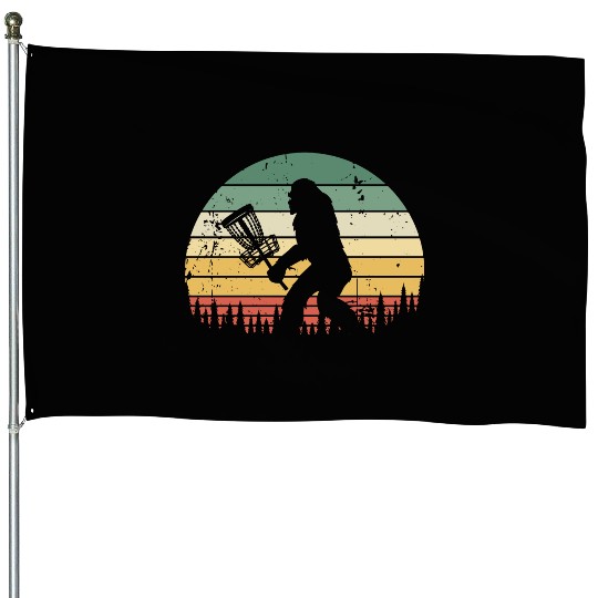 Funny Bigfoot Disc Golf Trees Vintage Sunset House Flags