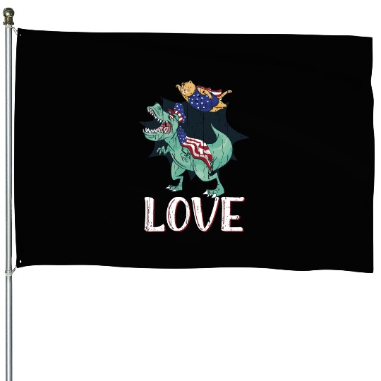 Love America Cat Dinosaur USA Flag 4th Of July House Flags
