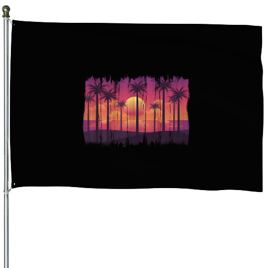 Purple Sunset , Beach, Palm Trees, Vacation House Flags