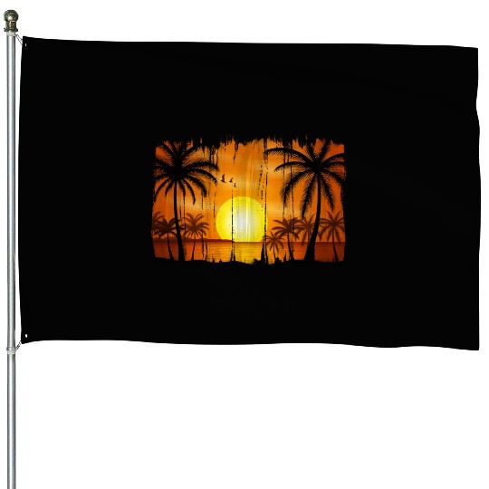 Retro Sunrise, Beach, Palm Trees, Vacation House Flags