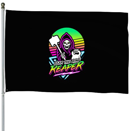 Fear The Gym Reaper Fitness Retro Neon Synthwave House Flags
