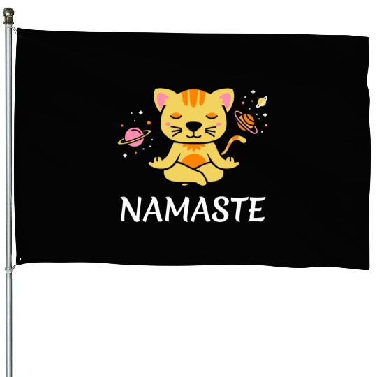 zen yoga cat space meditation sport training House Flags
